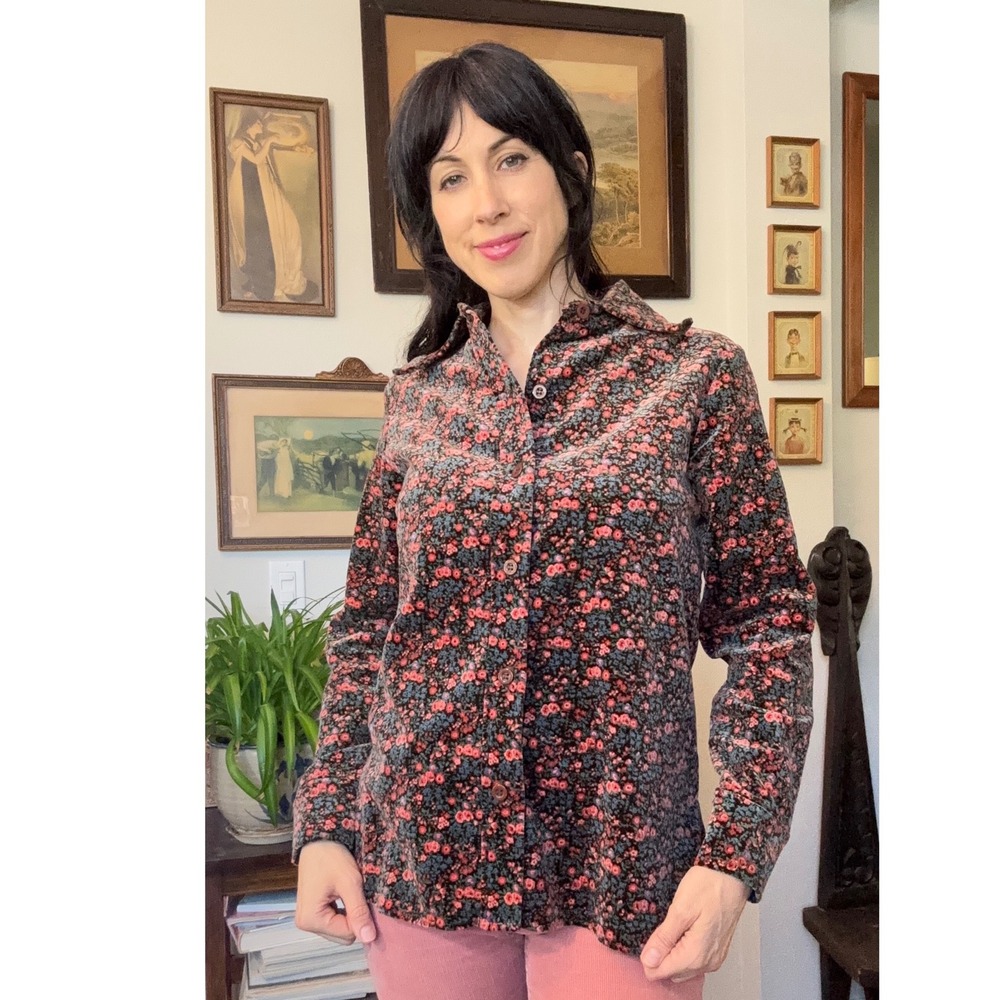 Vintage 70s Levis Velvet Floral Shirt Shacket Brown Calico Button Down USA
